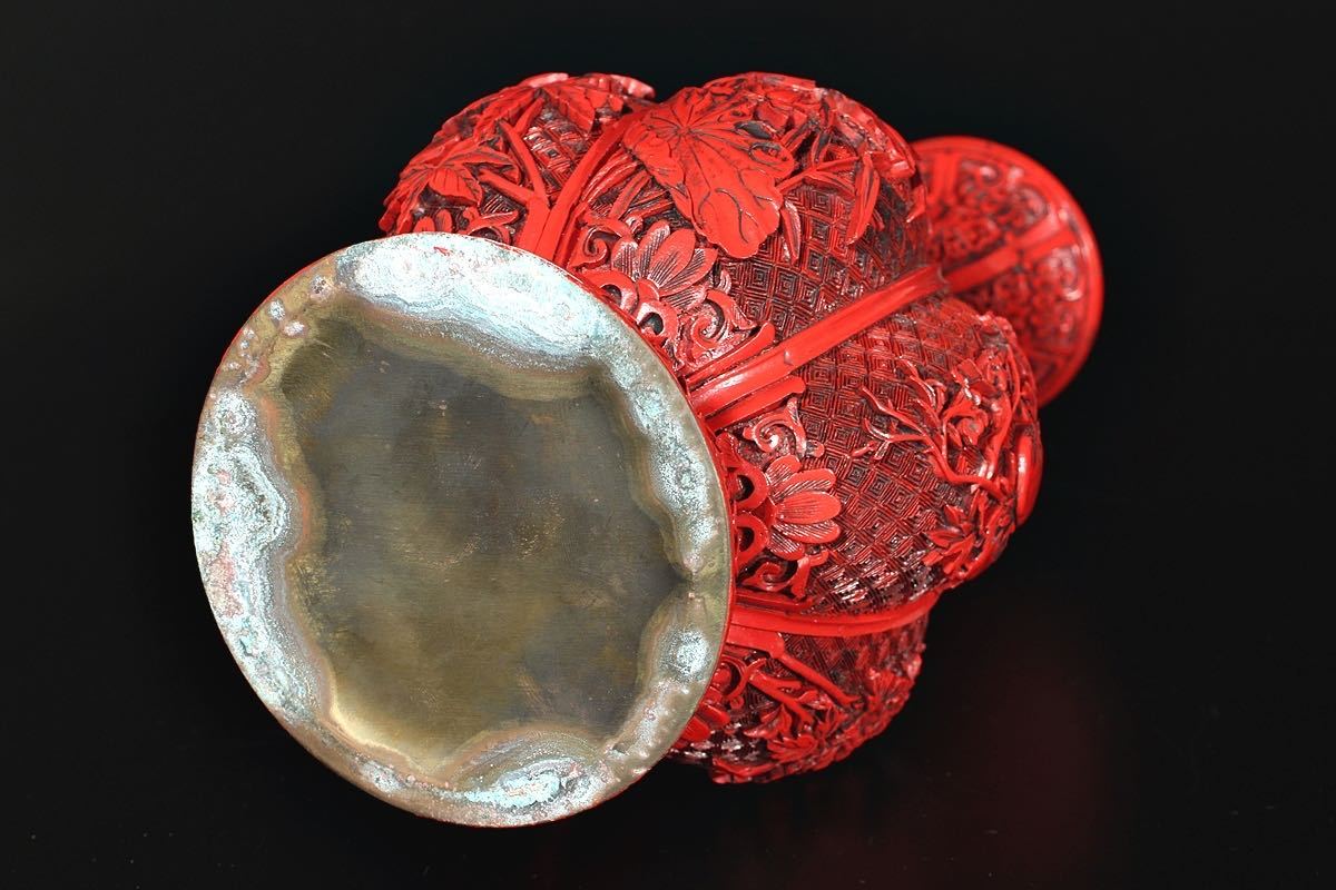 朱]中国美術/堆朱細工水花草彫瓜形大花瓶/H31cm/D-48(検)骨董/精密彫刻