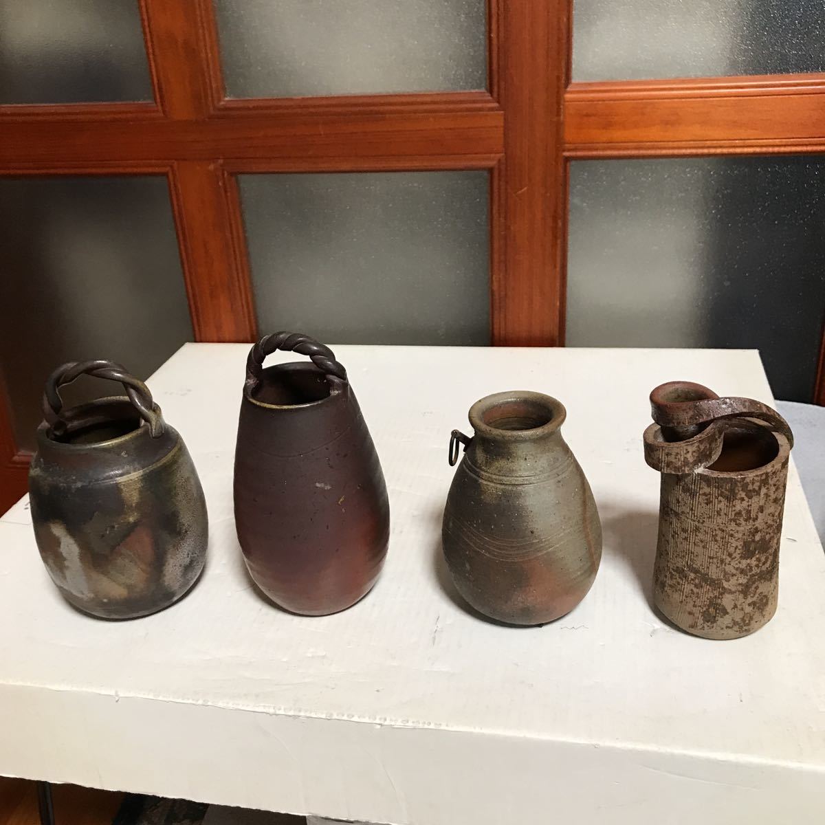 花器 陶器製 希少品 備前 備前焼 、全て銘あります、小型の上品な花瓶です11から15センチ