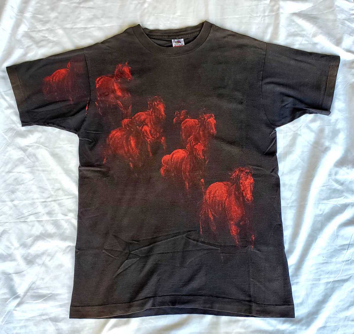 ビンテージ Tシャツ 両面プリント 染み込みプリント 馬 ホース アート 