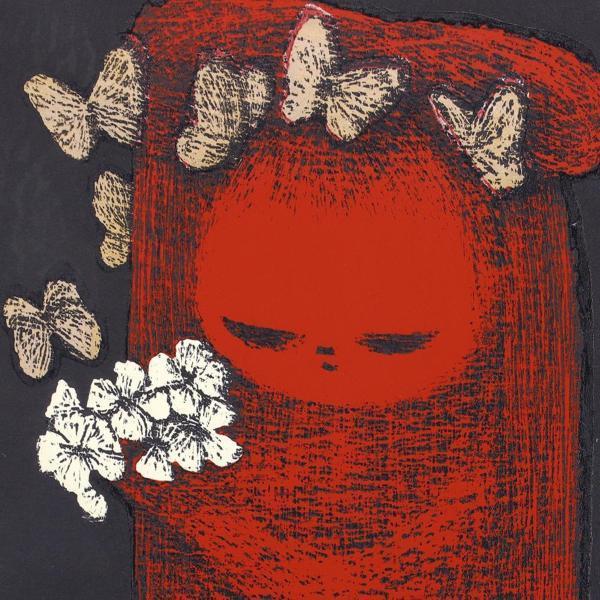 真作】【WISH】河野薫「花と蝶を持つ少女」木版画 〇国画会会員 国画会 