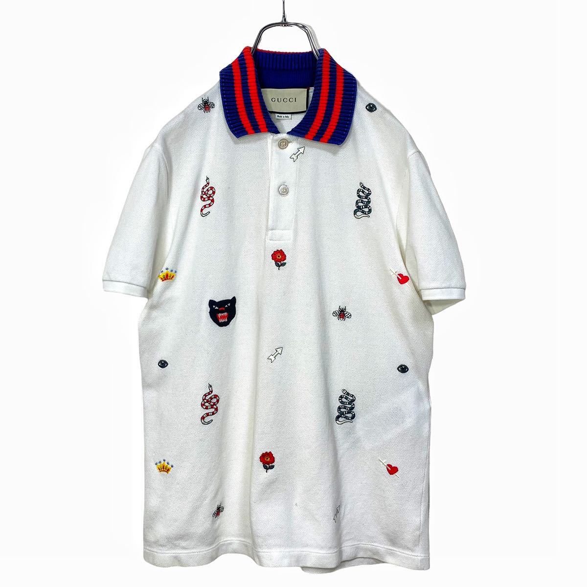人気】Gucci シンボル 刺繍 ポロシャツ メンズ S ホワイト グッチ 白 
