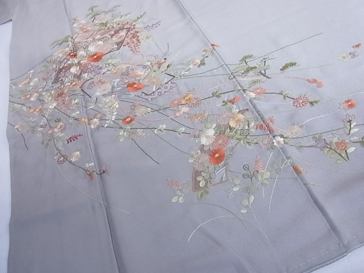 花美人着物□中国三大刺繍 相良刺繍 訪問着 地紙風景花文 暈し染め
