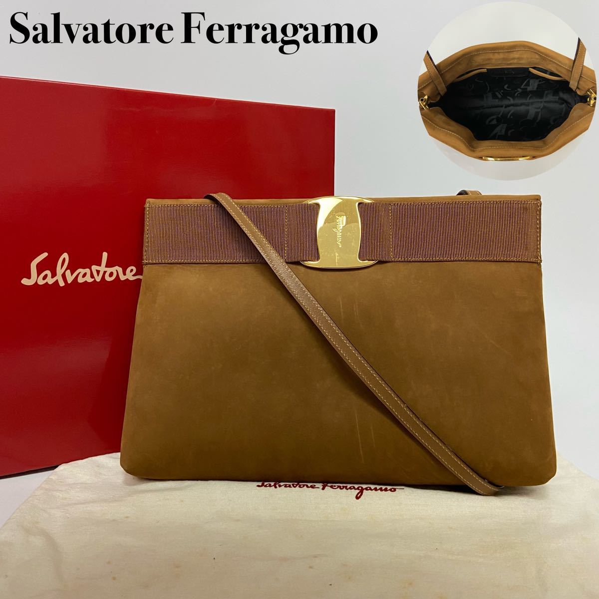 1円 1円 フェラガモ スエード×ラビットファー 2WAY ハンドバッグ BV496