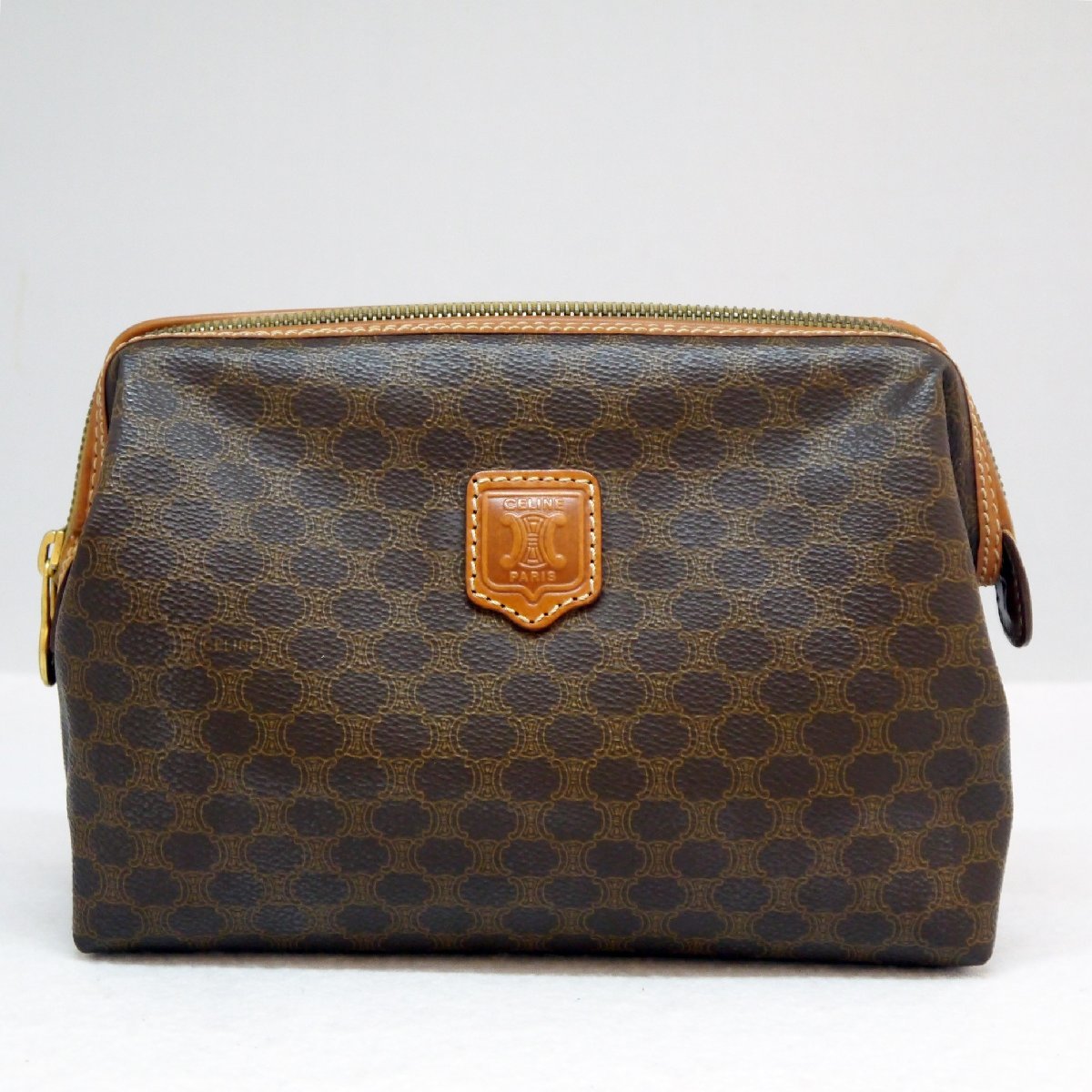USED品・保管品 CELINE セリーヌ マカダム ポーチ PVC レザー ブラウン系 クラッチバッグ 総柄