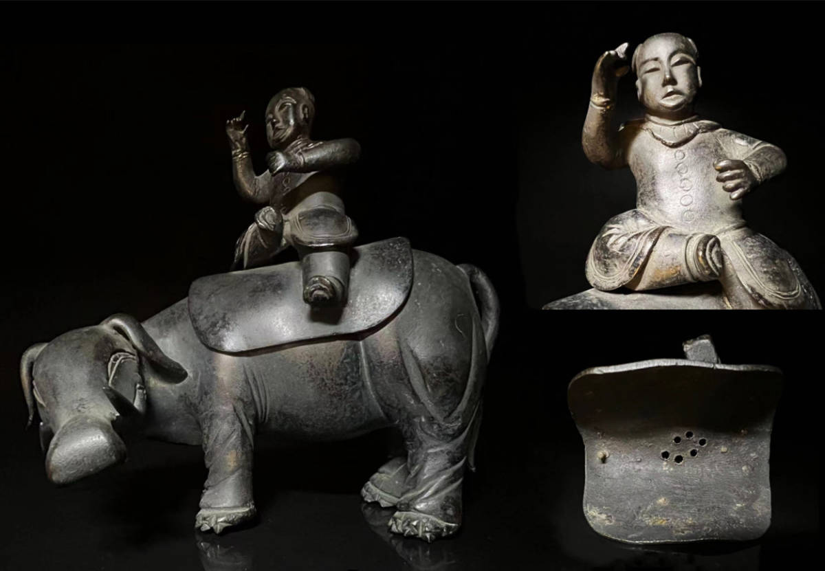 唐物 中国美術 古銅 中国古玩 銅製 時代古銅製馬唐子乗香炉 香炉