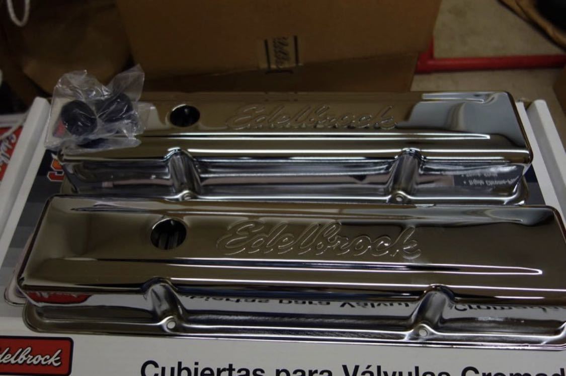 エーデルブロックシボレースモールブロック用クロームバルブカバーショート新品。インパラ　ベルエア　カマロ　コルベット　シェベル