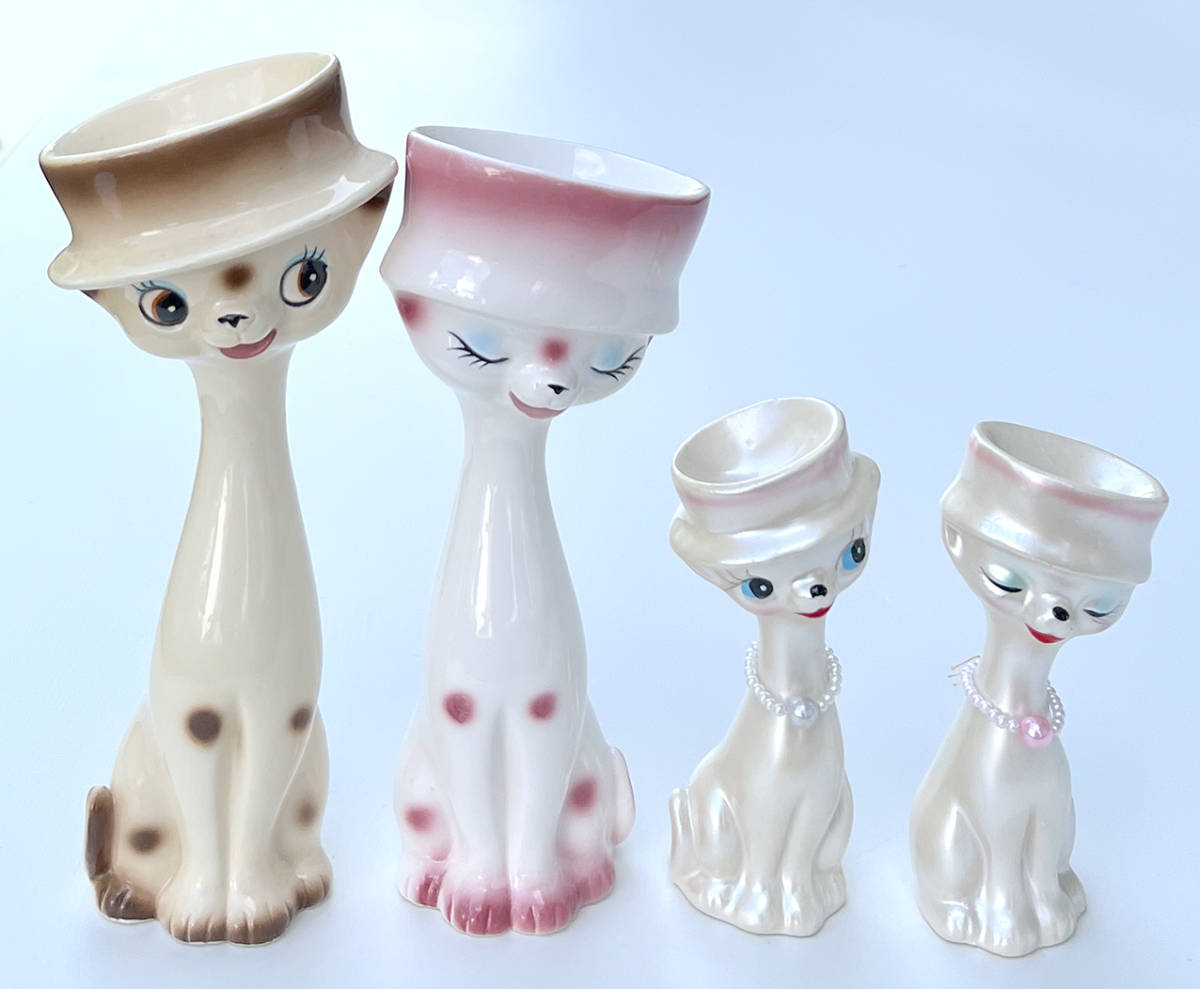 ☆昭和レトロ 帽子 猫 陶器製 置物 4体セット ネックレス パール ペア 