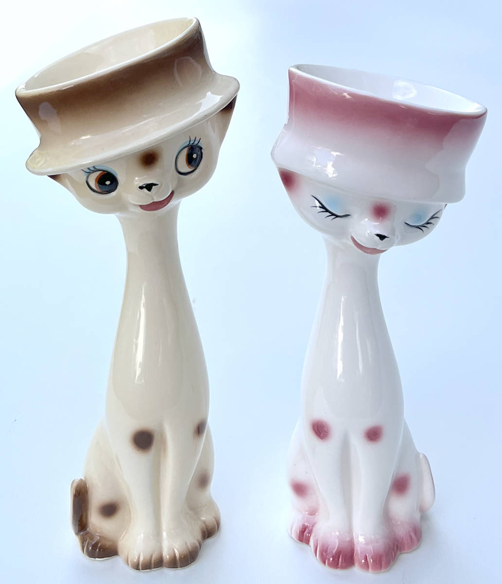 ☆昭和レトロ 帽子 猫 陶器製 置物 4体セット ネックレス パール ペア  
