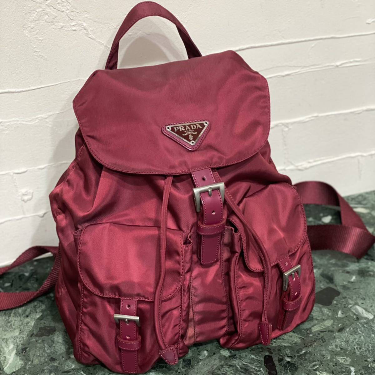 希少カラー 良品 PRADA ミニリュックサック ナイロン ボルドー 三角
