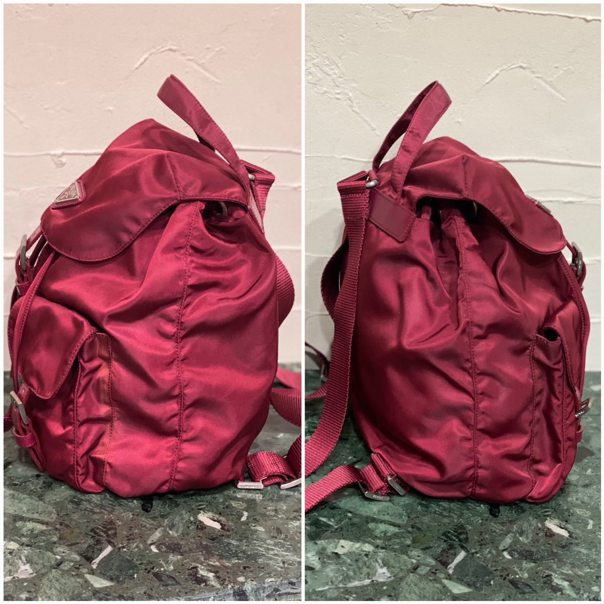 希少カラー 良品 PRADA ミニリュックサック ナイロン ボルドー 三角