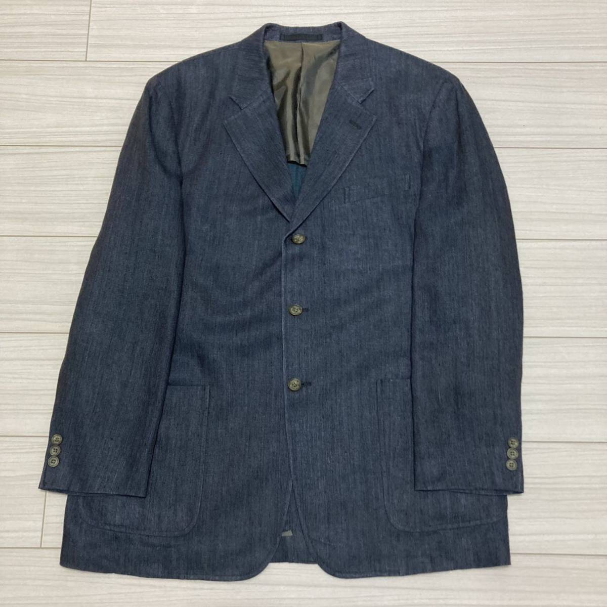 90s◆DAKS ダックス◆麻 リネン テーラード ジャケット インディゴブルー LL ネイビー 日本製 三つボタン センターベント パッチポケット