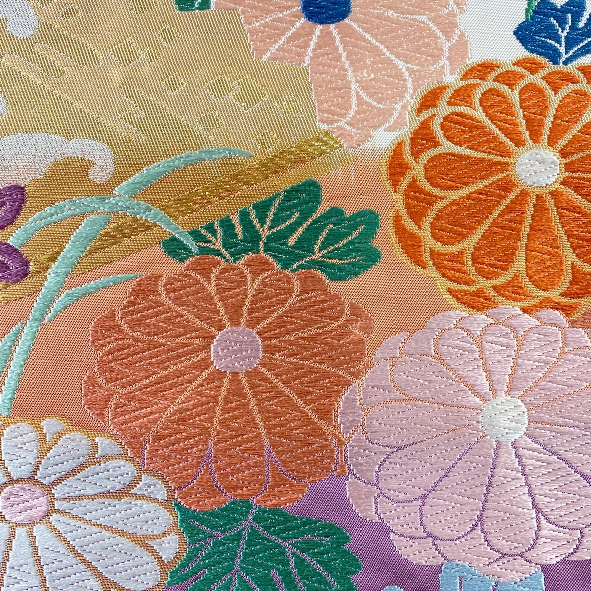 袋帯 秀品 菊 立花 唐織 箔 朱色 六通 正絹 【中古】 袋帯