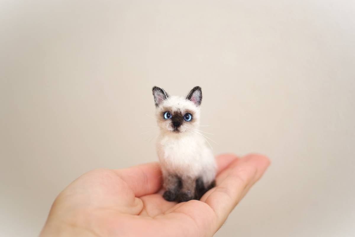 羊毛フェルト 小さなシャム猫 ドールハウス ハンドメイド ブライス
