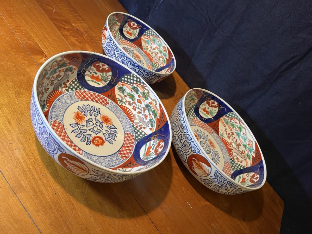814 色絵 三つ組骨董品 大鉢 大皿 色絵 明治 飾り皿 古伊万里 色絵 三