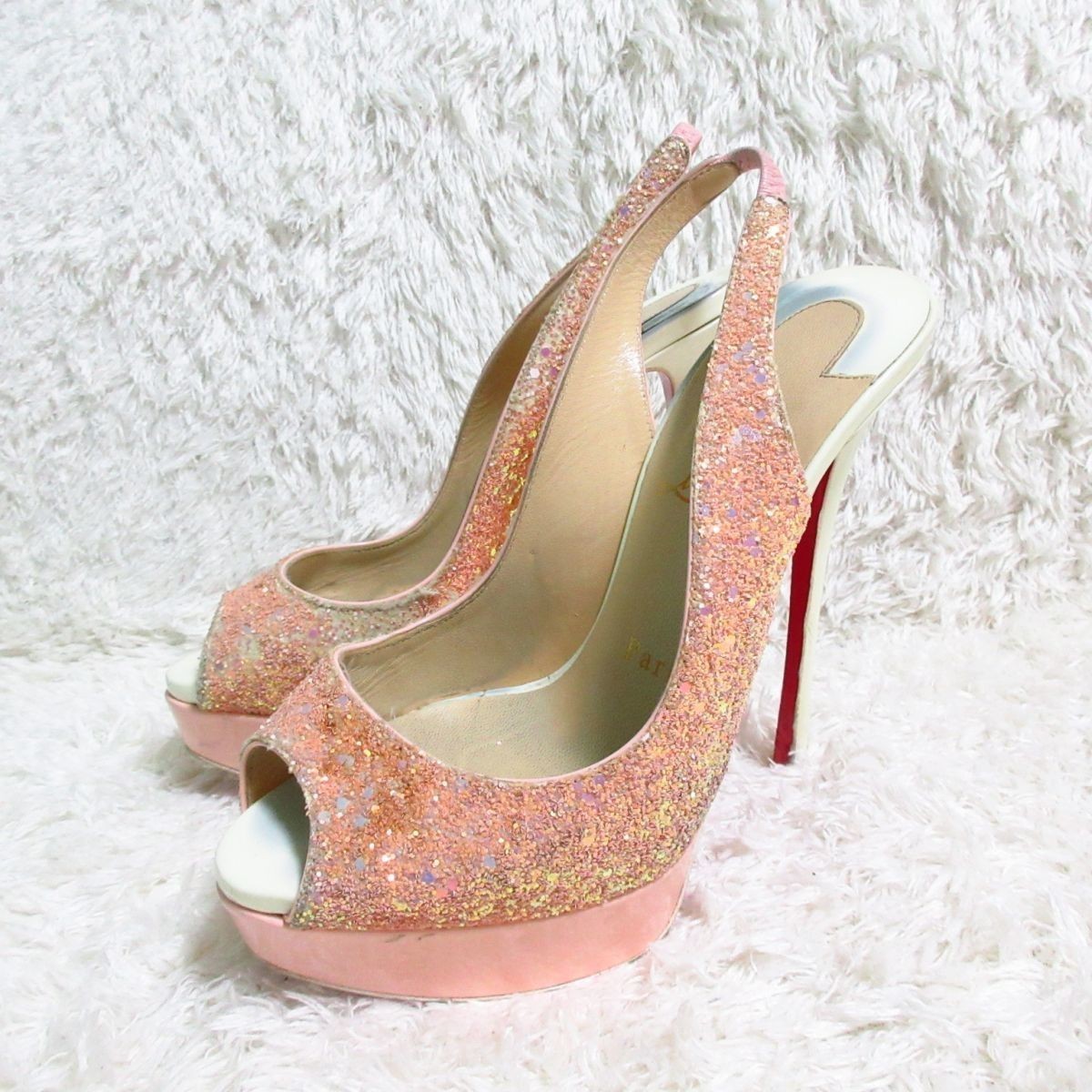 良品 Christian Louboutin クリスチャンルブタン グリッター ラメ オープントゥ ピンヒール パンプス サンダル 36 約23 ピンク Christian Louboutin グリッターオープントゥヒール