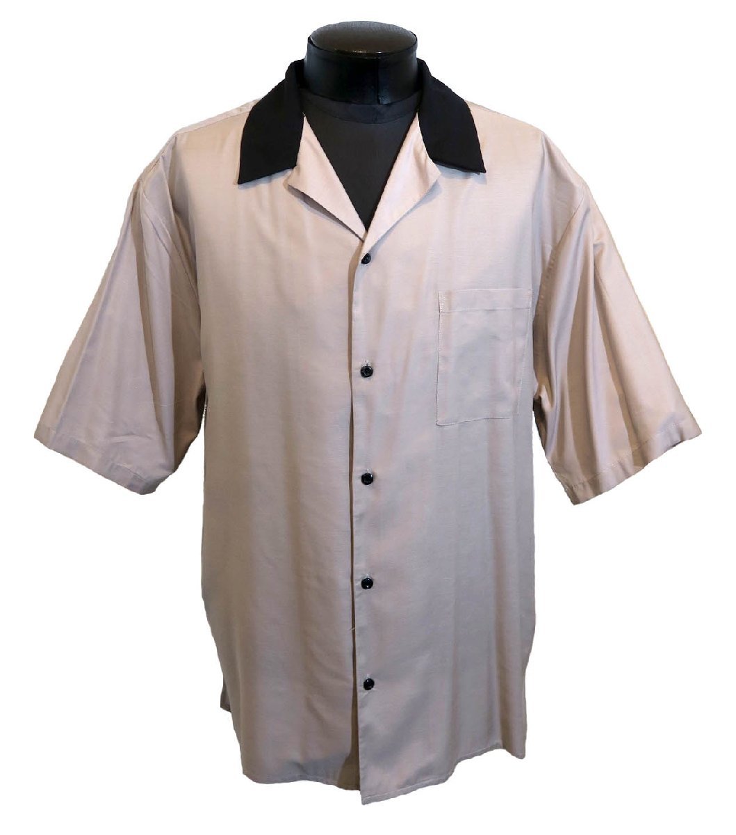 新品 Lサイズ クレリック オープンカラー 半袖 シャツ 3015 54 ベージュ×黒 BEIGE BLACK オーバーサイズ ビッグサイズ ドロップショルダー メンズ オープンカラー オーバーサイズ バック刺繍 オープン クレリックオープンカラードレープシャツ