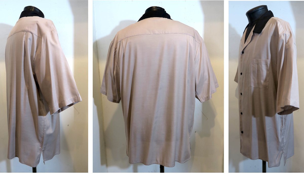 新品 Lサイズ クレリック オープンカラー 半袖 シャツ 3015 54 ベージュ×黒 BEIGE BLACK オーバーサイズ ビッグサイズ ドロップショルダー メンズ オープンカラー オーバーサイズ バック刺繍 オープン クレリックオープンカラードレープシャツ