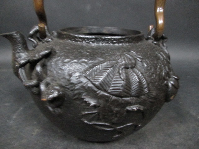 夕霧】煎茶道具時代鉄瓶 鉄瓶 煎茶道具 茶道具 銅蓋 時代物 急須 湯沸