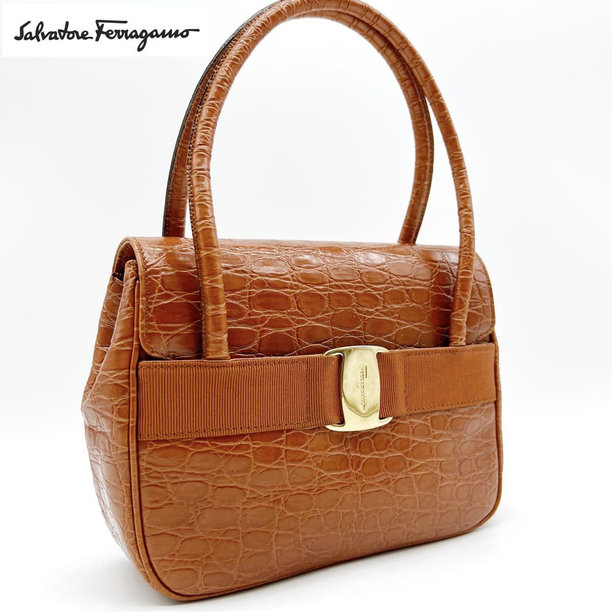 人気SALE，SALE 1円 Salvatore Ferragamo ヴァラリボン レザー クロコ型押し ハンド パーティー バッグ オレンジ ビンテージ イタリア製 レディース(かばん、バッグ)｜売買されたオークション情報、yahooの商品情 かばん、バッグ