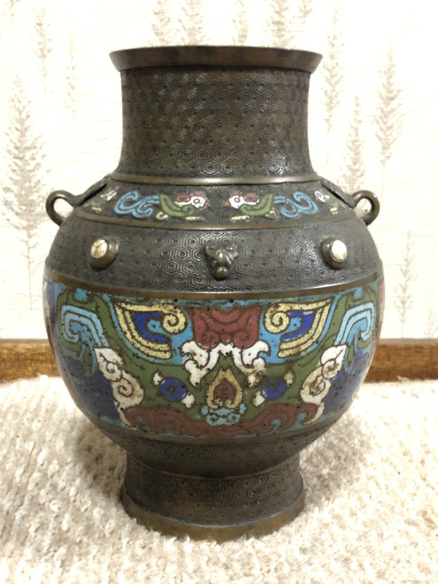 □中国美術□ 百整謹製〈双耳付 銅七宝壺〉□花瓶/花器/飾り壺□(花器