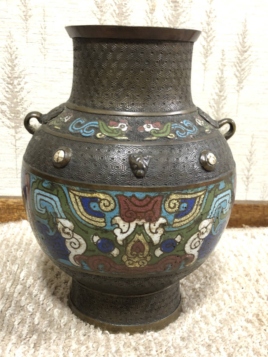 □中国美術□ 百整謹製〈双耳付 銅七宝壺〉□花瓶/花器/飾り壺□(花器