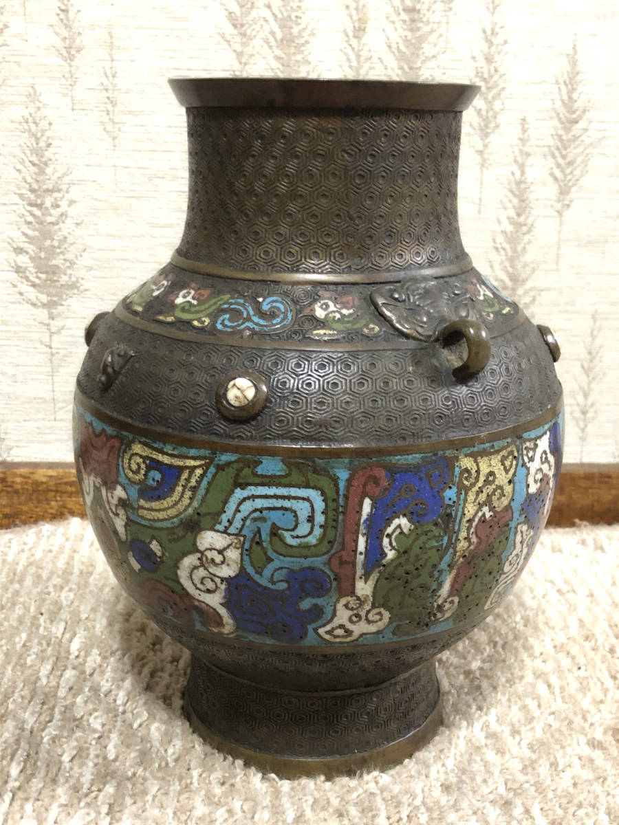 □中国美術□ 百整謹製〈双耳付 銅七宝壺〉□花瓶/花器/飾り壺□(花器