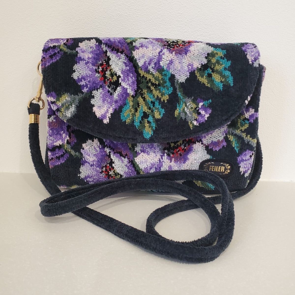 SA□美品□FEILER フェイラー ショルダーバッグ 花柄 黒×紫 シュニール 
