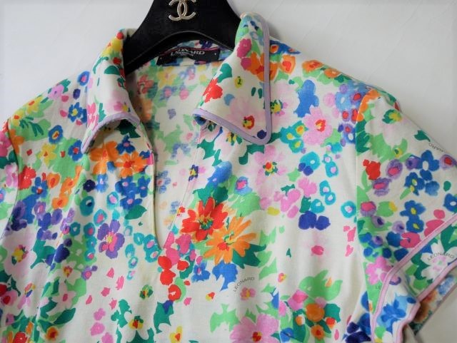 【大きいサイズLL】レオナール カットソー シャツ 花柄 トリム カンカン素材 大きいサイズLLレオナール カットソー シャツ 花柄 トリム カンカン