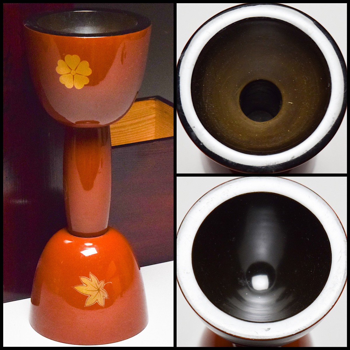 八八八】朱塗 蒔絵 鼓花生 ◇平安喜巧堂蝶文箱付 茶道具 花器 花瓶