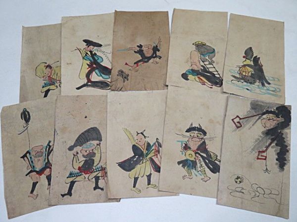 江戸期頃 古い大津絵 10点 まとめて 紙本肉筆◇旧家蔵出し 鬼 雷神