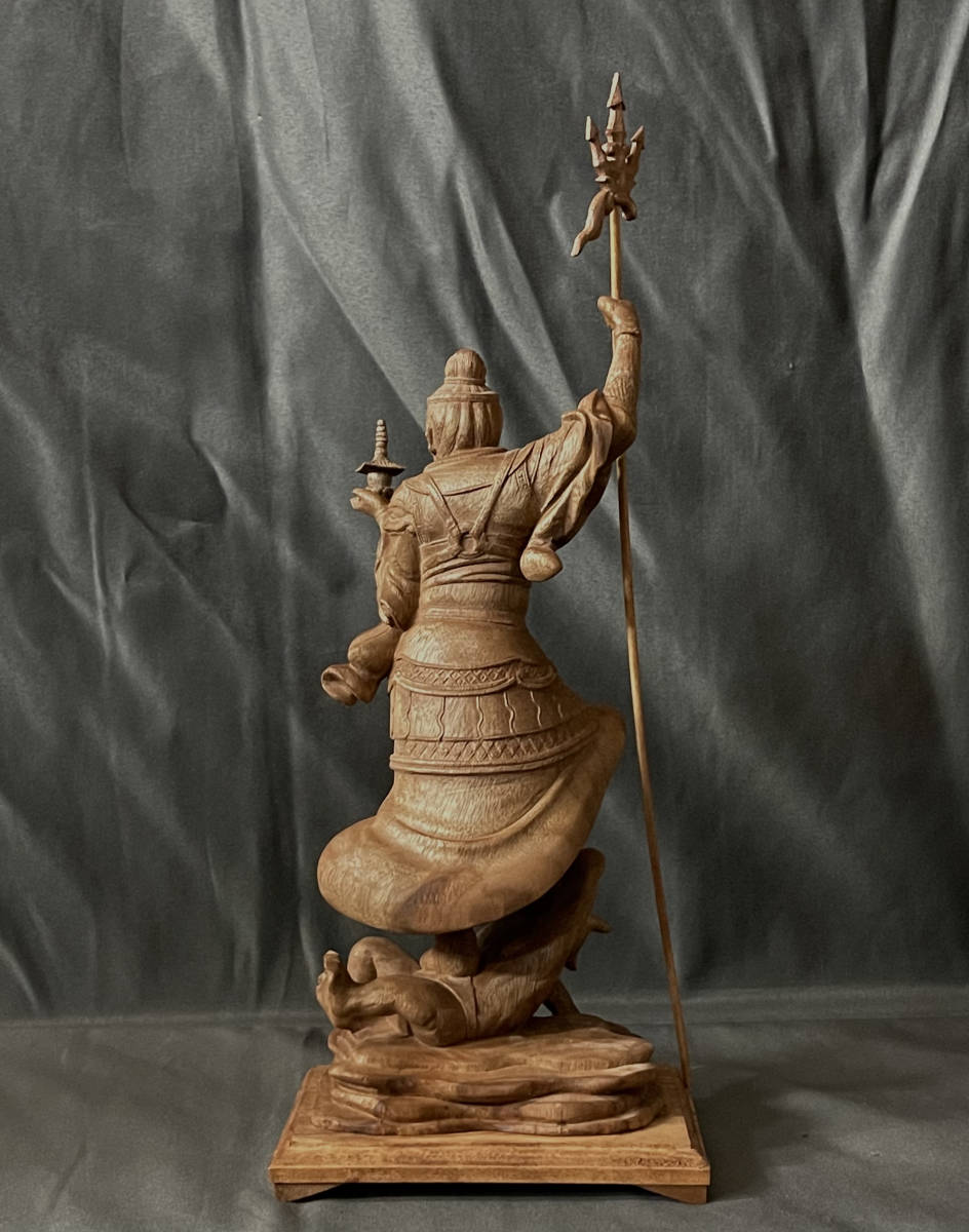 仏教工芸品 総楠製 井波彫刻 極上彫 木彫仏像 毘沙門天立像 ホビー