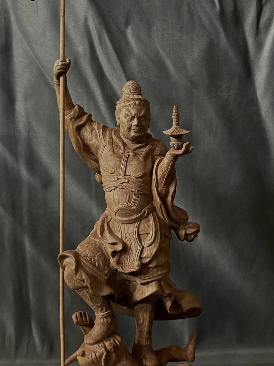 仏教工芸品　総楠製　井波彫刻　極上彫　木彫仏像　毘沙門天立像 仏教工芸品 総楠製 井波彫刻 極上彫 木彫仏像 毘沙門天立像 ホビー