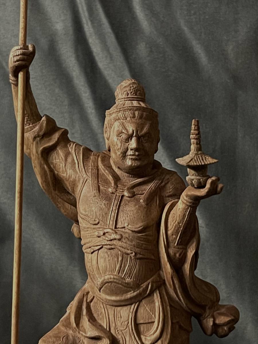 仏教工芸品 総楠製 井波彫刻 極上彫 木彫仏像 毘沙門天立像 ホビー