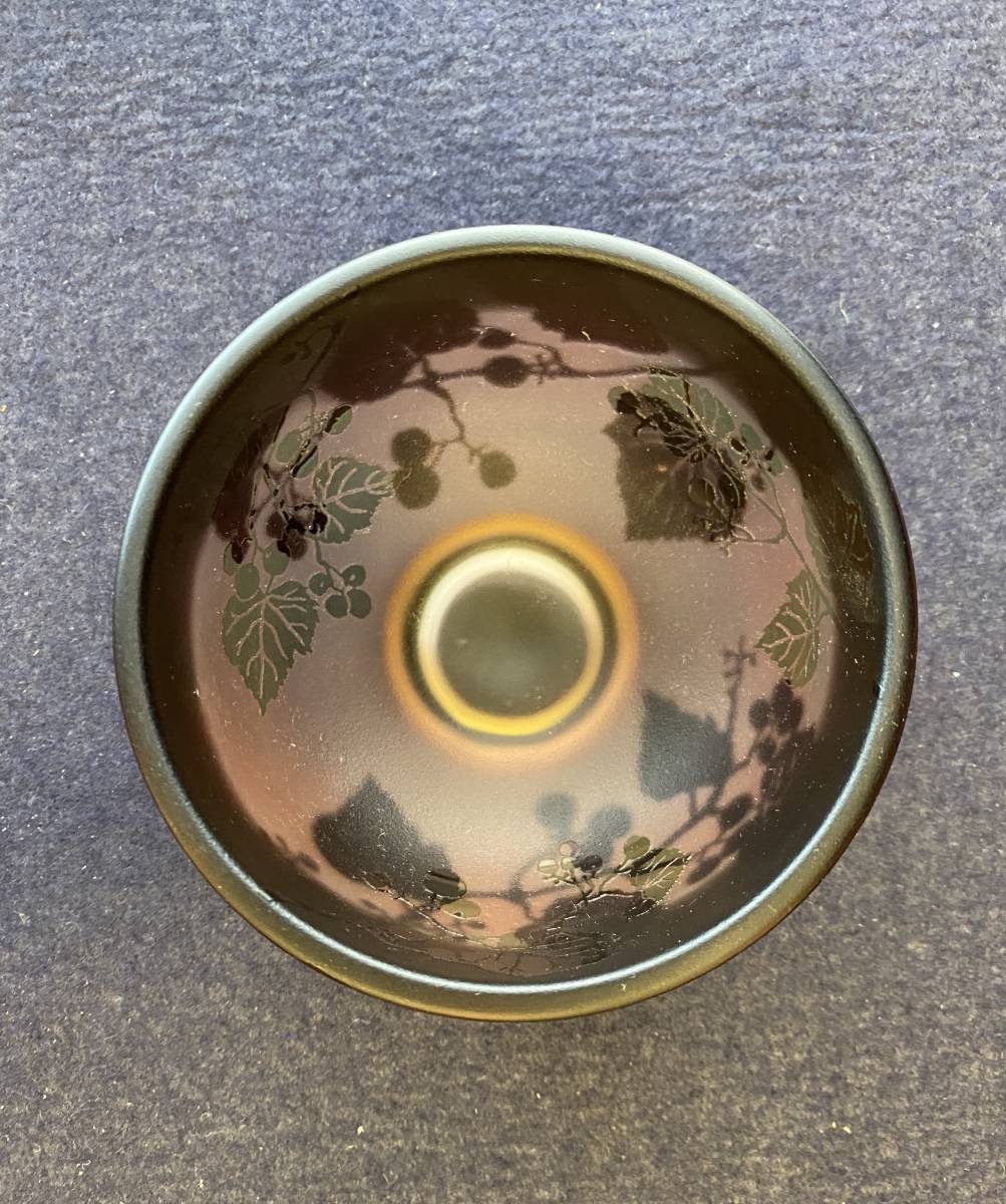 北一硝子 抹茶茶碗　夏用　ハンドメイド　サンドブラストの逸品 未使用長期保管品 日本伝統工芸 抹茶碗 ガラス工芸 山葡萄紋 北一硝子 サンドブラスト