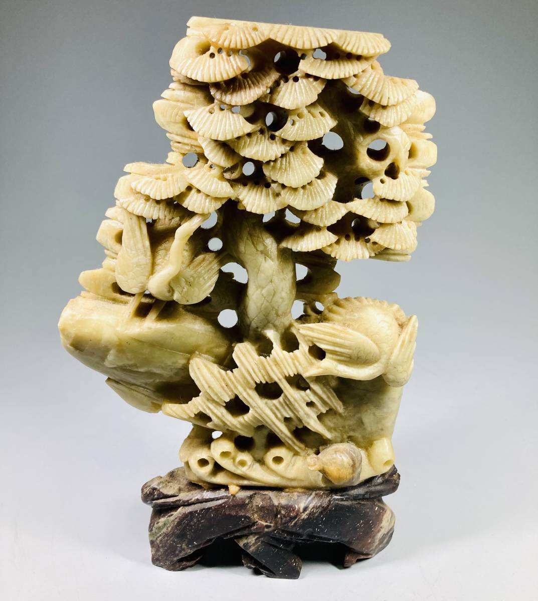 寿山石 中国美術 細密細工 老松 亀鶴彫刻 天然石 鑑賞石 置物 縁起物