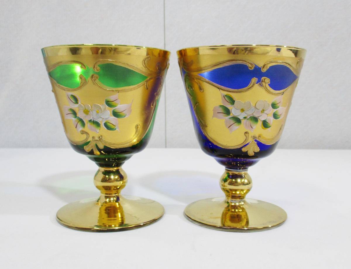 格安,正規品 《ジャムルK》ko8-1 ◆送料無料◆Venezian Glass ベネチアンガラス 3点 まとめ ワイングラス 水差し デキャンタ 金彩 花文 高級 イタリア製