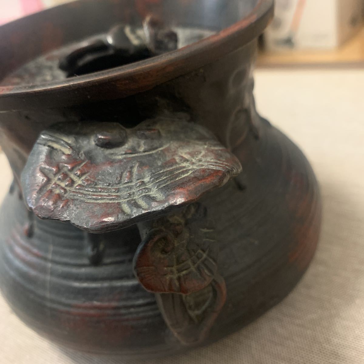 在銘 香炉 古銅 古美術 銅製 香道具 置物 - 破葉に蛙 茶托 葉