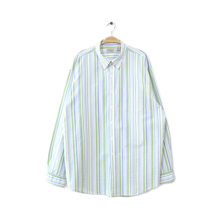 【送料無料】 L.L.Bean シアサッカーコットン ストライプ柄 BDシャツ ボタンダウン 長袖シャツ メンズXL 大きいサイズ 古着 CA0856