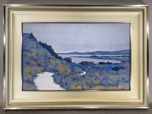 真作保証下保昭 「湖山爽晨」日本画10号 直筆サイン 共シール