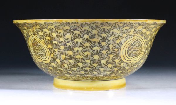 江戸時代末期 九谷吉田屋窯 青手九谷 色絵猫図鉢 27cm 二重角福印 完全