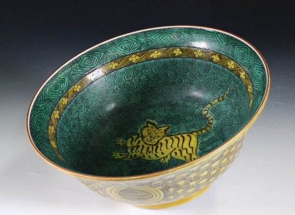 江戸時代末期 九谷吉田屋窯 青手九谷 色絵猫図鉢 27cm 二重角福印 完全