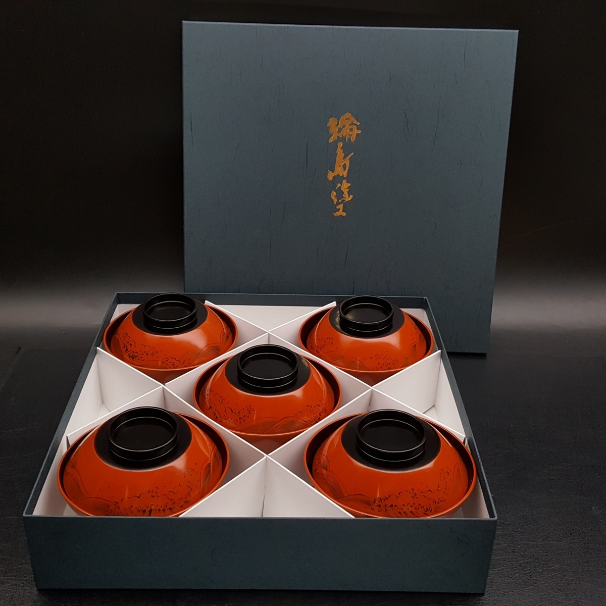 宝蔵】輪島塗 極めて美品 双鶴沈金 波沈黒吸物椀 5客 12.5cm 懐石道具