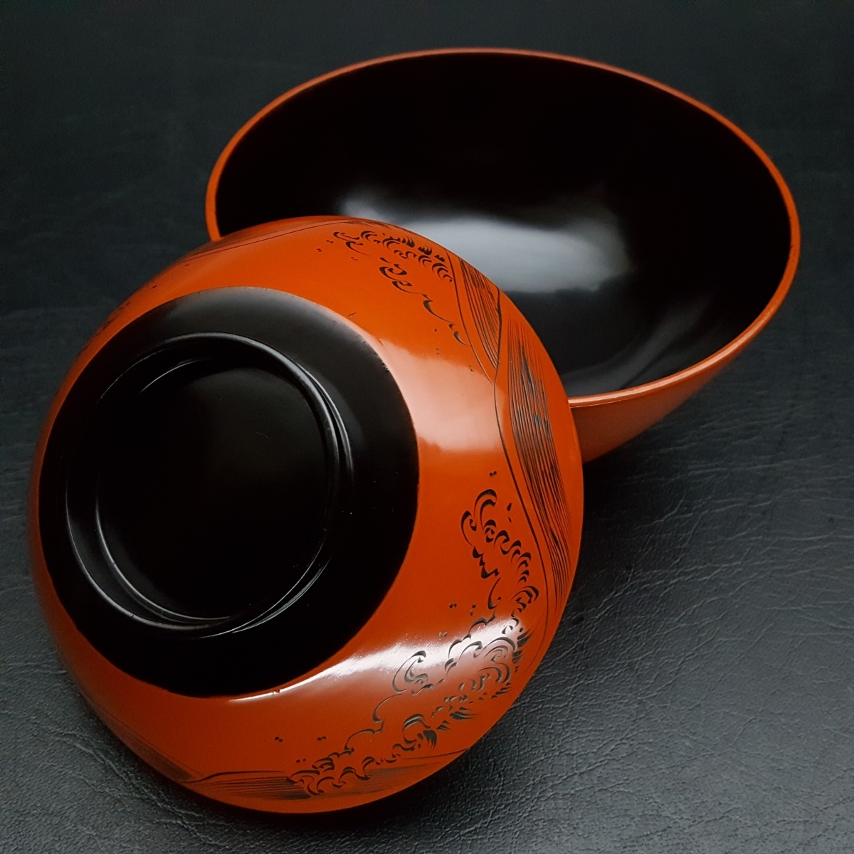 宝蔵】輪島塗 極めて美品 双鶴沈金 波沈黒吸物椀 5客 12.5cm 懐石道具