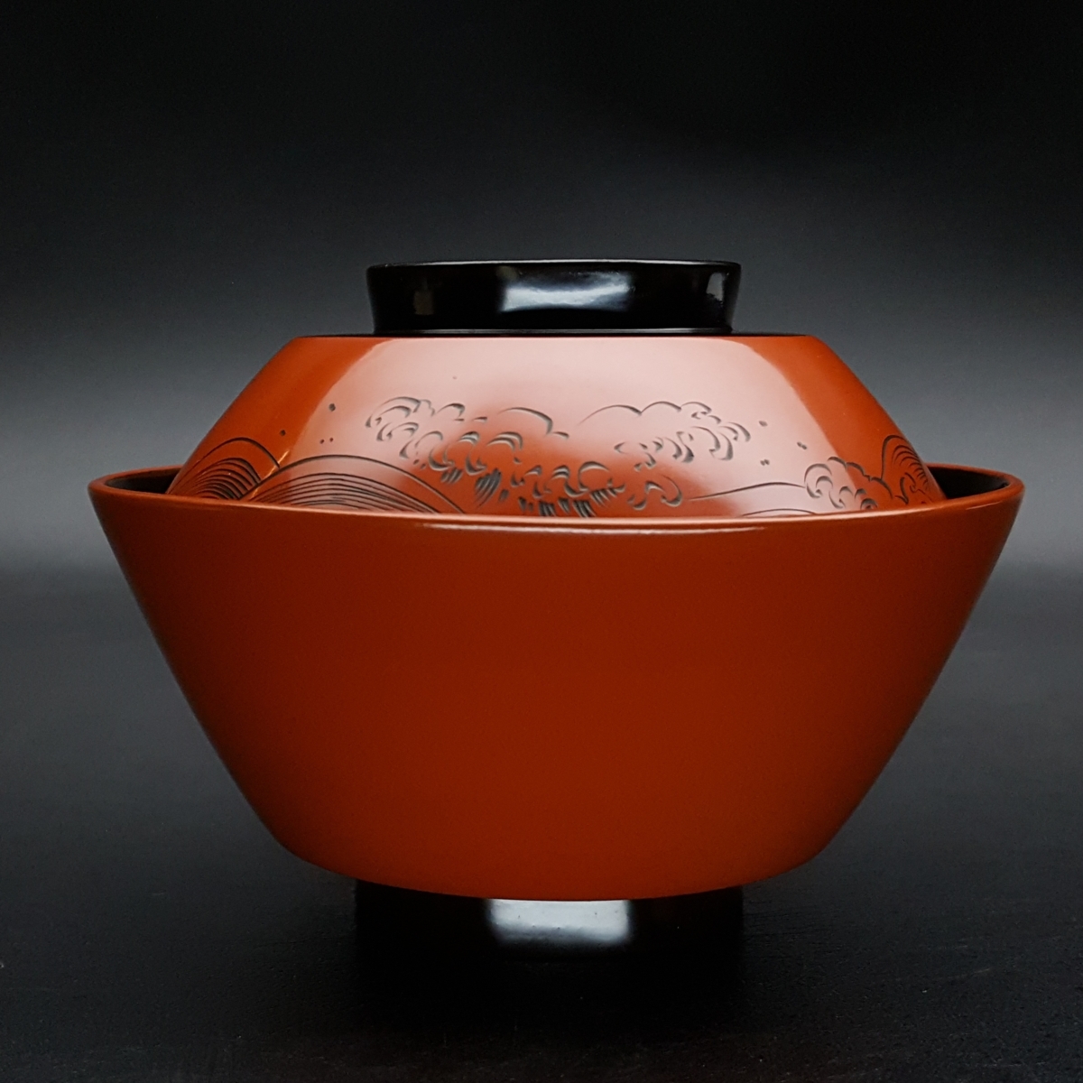 宝蔵】輪島塗 極めて美品 双鶴沈金 波沈黒吸物椀 5客 12.5cm 懐石道具