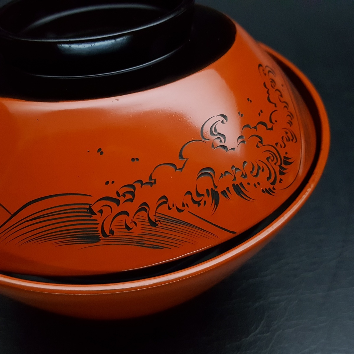 宝蔵】輪島塗 極めて美品 双鶴沈金 波沈黒吸物椀 5客 12.5cm 懐石道具