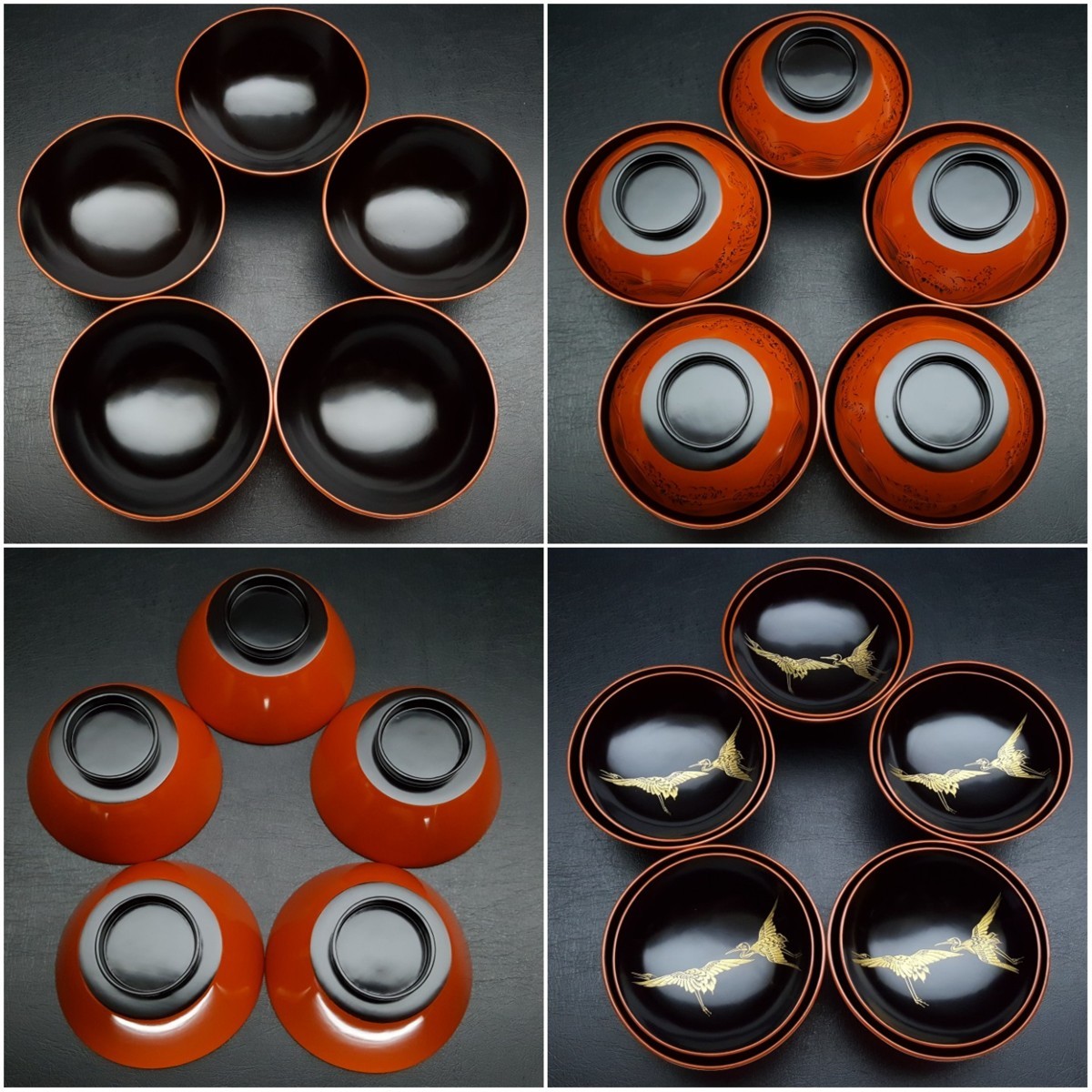 宝蔵】輪島塗 極めて美品 双鶴沈金 波沈黒吸物椀 5客 12.5cm 懐石道具
