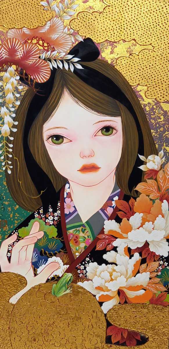 吉祥美少女を描き人気の樋口ひろ子　豪華絢爛美少女画　最新作大型作品　金箔　真作保証　