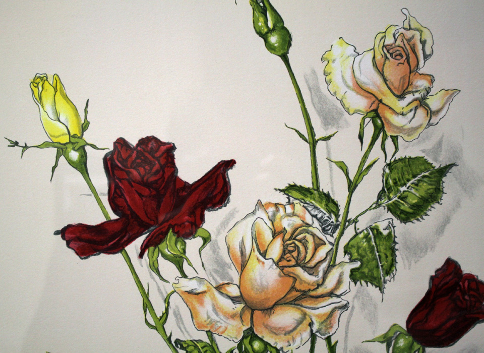 □真作□藤田嗣治「花瓶の薔薇」石版画（リトグラフ）サインと印譜入