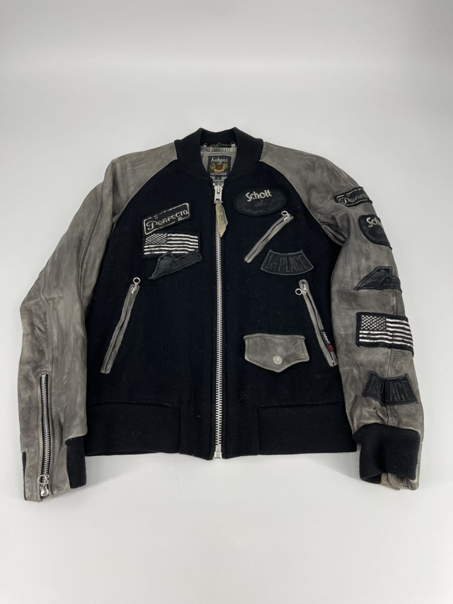 希少/schott/スレ加工 ワッペン レザー スタジャン/S/ショット/ブルゾン アウター ジャケット コート アメカジ 本革 ショット スタジャン ブルゾン 切替 スタジャン&frasl;S&frasl;ショット オール