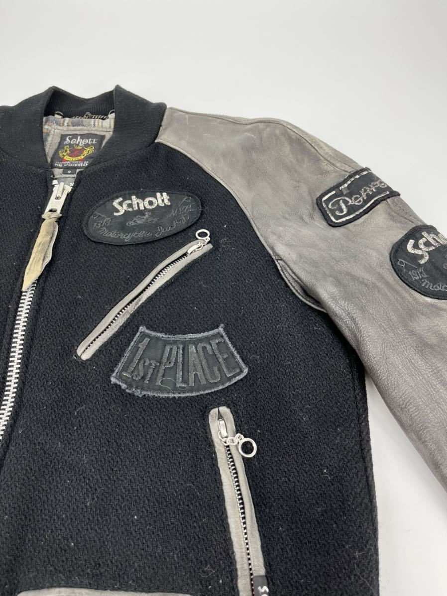 希少/schott/スレ加工 ワッペン レザー スタジャン/S/ショット/ブルゾン アウター ジャケット コート アメカジ 本革 ショット スタジャン ブルゾン 切替 スタジャン&frasl;S&frasl;ショット オール